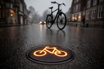 A glowing bicycle symbol illuminates a wet bike lane on a dark, rainy evening in a Scandinavian city.