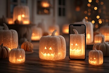 Smartphone capturing a glowing jack-o'-lantern amidst a cozy Halloween pumpkin display.