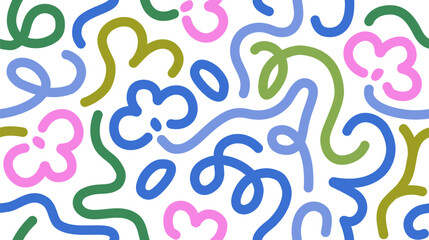 Abstract pattern, seamless doodle background design. Modern lines, curves, playful geometric elements texture, endless repeating print. Creative flat vector illustration for textile, wrapping