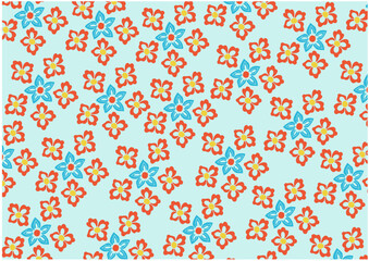 Floral pattern with red and blue flowers on a light blue background.