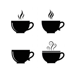 Set of coffee cups with steam, hot beverage drink icons for cafe