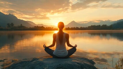 Young fit woman in fitwear practices morning yoga sitting in lotus position, meditating on mat in nature near lake in green park. Lady enjoys calmness during workout meditation, copy space. Wellbeing - Powered by Adobe