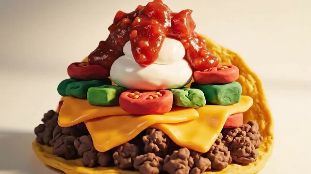 Delicious Claymation Taco Assembly Animation on White Background: Mouthwatering Food Creation for Mexican Cuisine Lovers