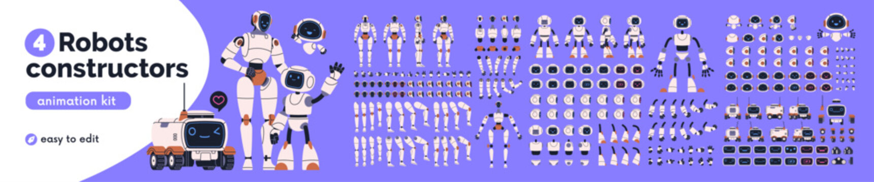 Robot constructor. Android body parts, arms and legs, gears set. AI bot character, components, elements, animation kit. Humanoid toy design, electronic machine construction. Flat vector illustration