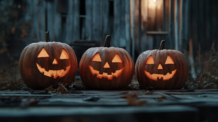 Three jack o lanterns glowing on a porch during the halloween night
