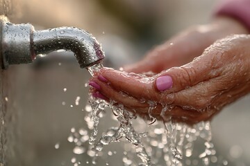 Cupped hands catching fresh, flowing water from a faucet, symbolizing purity and hydration.