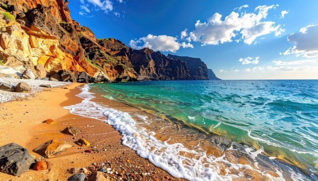 Craggy Red Rock Cliffs Overlooking a Turquoise Ocean Cove on a Sunny Day with Gentle Waves Washing Ashore on a Pebble Beach