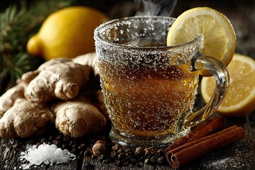 Aromatic and warming ginger tea with lemon and cinnamon, perfect winter beverage