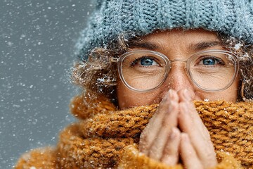 Close-up portrait of a woman in winter, bundled in warm knitted clothes, snow falling around her