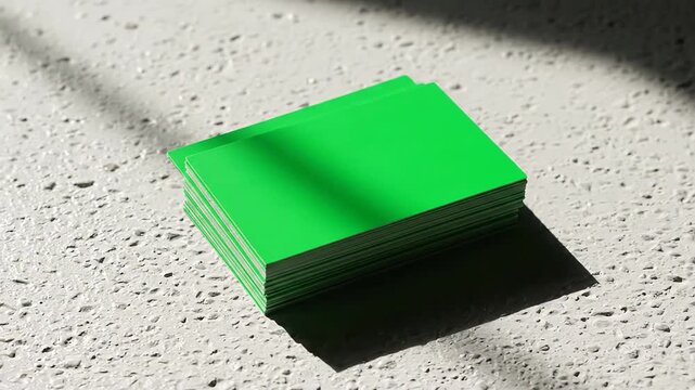 Stack of blank green business cards arranged neatly on a concrete background. The play of sunlight and a passing shadow subtly enhances this minimal branding mockup for a corporate identity