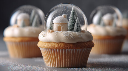 Snow globe cupcakes with transparent sugar dome toppers in festive minimal composition with ultra realistic studio lighting creating elegant dessert display
