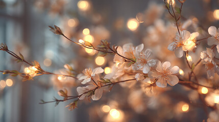 Soft glowing christmas garlands with bloom light effect creating gentle lens flares and warm diffusion in dreamy atmospheric shallow focus