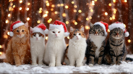Five cute cats wearing santa hats sitting in snow surrounded by sparkling bokeh lights and warm festive atmosphere
