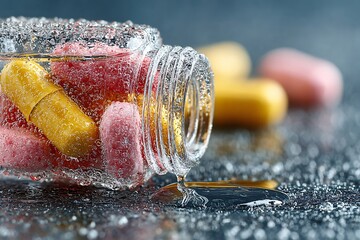 Close-up of wet pills spilling from a jar, water droplets reflecting light, a macro shot of medication