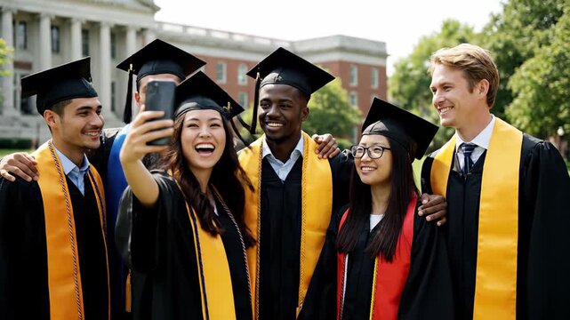 Diverse group of college graduates wearing academic robes poses for a selfie with a smartphone, capturing the joy of their graduation celebration