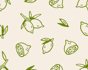 Fototapeta premium Seamless lemon pattern. Citrus fruits, leaves in hand-drawn outline doodle style. Tropical food, limes, endless texture design for summer wrapping paper, textile, fabric. Vector illustration