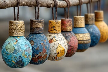 Colorful, weathered hanging ornaments with intricate patterns displayed in a market, reflecting a rustic charm.