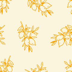 Fototapeta premium Lemon branches, seamless pattern. Limon, citrus fruits, endless background, repeating print, summer tropical food texture design. Hand-drawn vector illustration for wrapping, textile, fabric