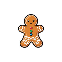Cartoon gingerbread man with a happy face, decorated with white icing swirls and colorful candy buttons.