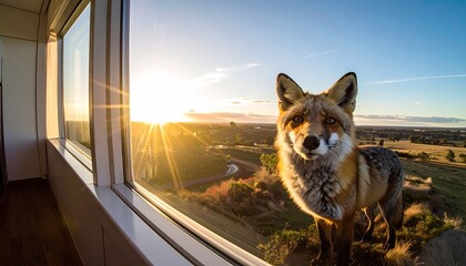 Fox Standing Outdoors During Sunset With Golden Hour Lighting And Snow On Fur With Window View Of Landscape