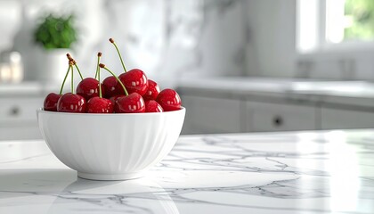 Fresh Cherries In A White Ceramic Bowl On A Marble Countertop With Natural Window Light And Blurred Greenery In The Background