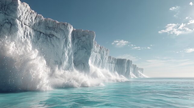 A massive glacier calving and crashing into the ocean, creating a huge splash. A dramatic scene symbolizing climate change and global warming. - Powered by Adobe