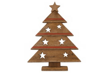 Wooden christmas tree with star cutouts and horizontal red stripes, standing on a clear base, isolated on transparent background