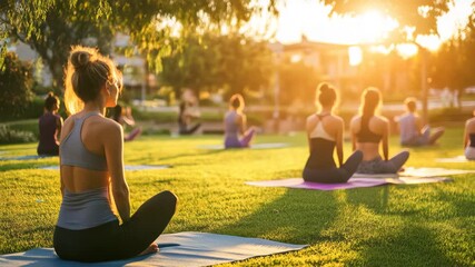 yoga workshop outdoors. Group of people practicing yoga on mats in a park. Lotus pose. summer yoga class. International Yoga Day. wellness blog, fitness article promoting health and mindfulness