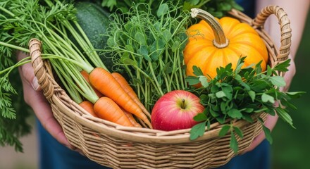 Freshly harvested vegetables and fruits in a basket during a sunny outdoor afternoon