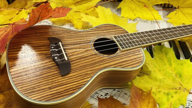 Acoustic Autumn Duet: A beautiful wooden ukulele rests on the keys of an old upright piano, surrounded by golden maple leaves and handwritten sheet music, creating a warm and nostalgic atmosphere