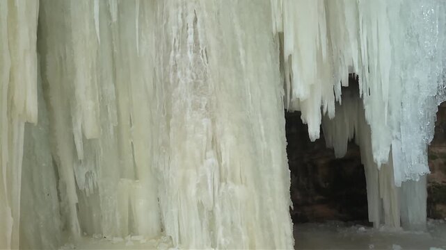 Closeup Of Ice At Eben Ice Caves In Hiawatha National Forest, Michigan, USA. - pan shot