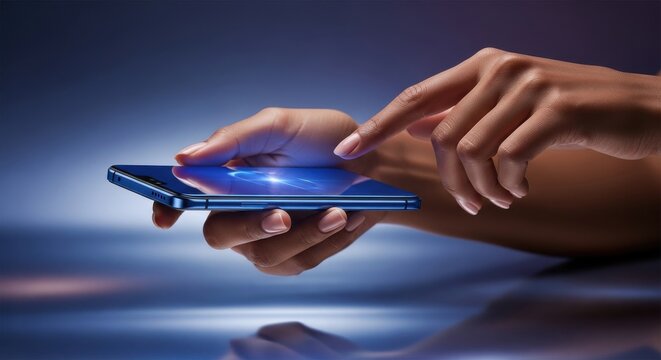 Touching a smartphone screen in a soft glow with fingers poised for interaction