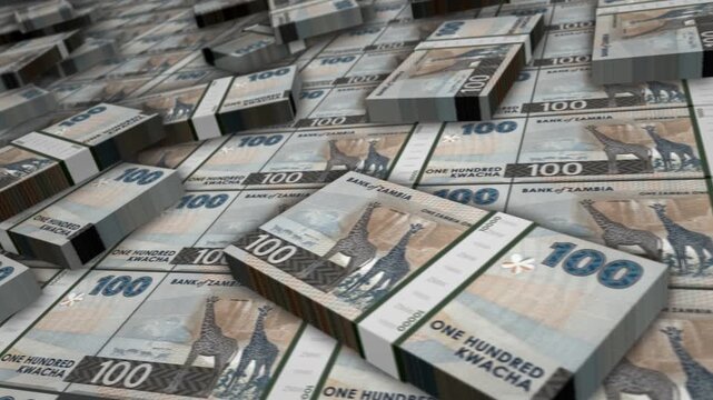 Zambia kwacha Zambian money banknote bundle loop. 100 ZMW money stacks. Concept of business, economy, banking and finance. Camera over cash packs loopable seamless 3d.