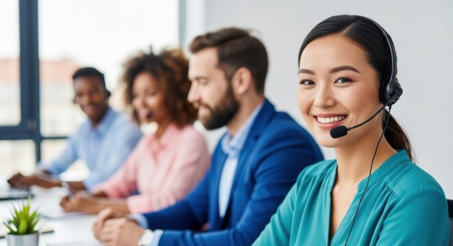 Smiling customer service representative at a busy office with colleagues engaged in various tasks