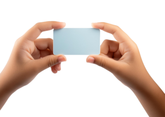 Closeup empty female hand holding invisible business card isolated on transparent or white background