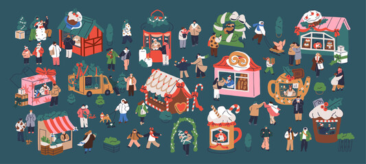 Christmas fair, winter holiday market, festival with Xmas stalls, happy merry tiny people walking. Festive booths, stands, kiosks at New Year vacation bazaar. Flat isometric vector illustration