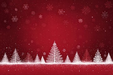 Festive Christmas Scene with Snowflakes and Snowy Trees on Red Background