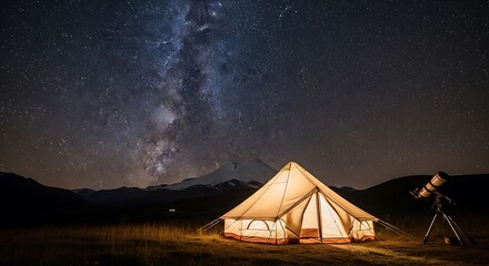 Illuminated tent and telescope under a dazzling Milky Way, perfect for a night of stargazing and outdoor adventure