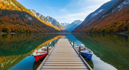 Golden Autumn Scenery A Peaceful Lake, Dock, and Boats Nestled Between Majestic Fall Mountains