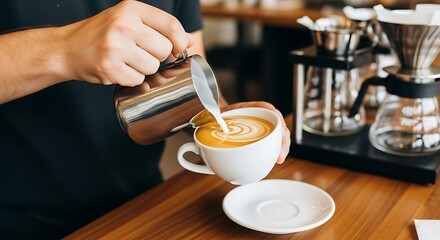 Dedicated Barista Expertly Crafting a Visually Stunning Latte Art Design with Steamed Milk, Emphasizing Coffee Shop Quality