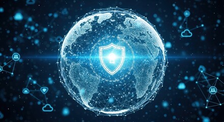 Obraz premium Global network security concept showcasing digital globe with shield symbol and connected nodes in modern design