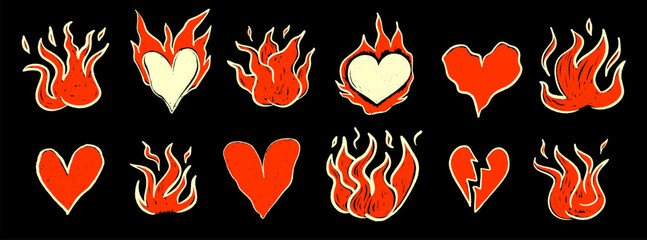 Set crayon fire and heart on black background. Punk scribble doodle collection with fire and heart crayon texture © Анжелика Полтавец