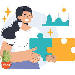 Woman Assembling Puzzle Pieces With Data Chart and Sparkling Stars On Transparent Background Strategy And Solution Concept