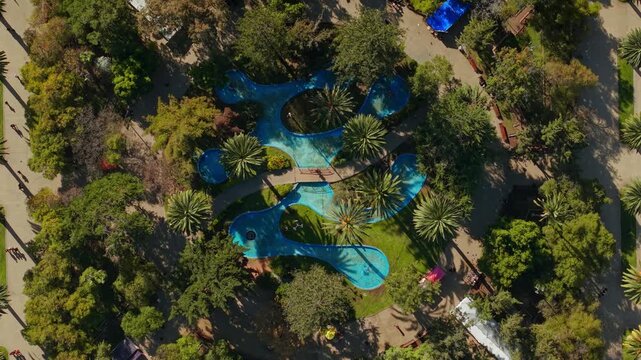 Top down drone shot above the Plaza de Armas de Ovalle in sunny Coquimbo, Chile.