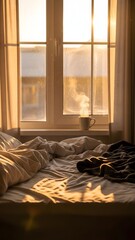 Sunlight gently streams through curtains, illuminating a soft, inviting bed. A steaming cup sits on the windowsill, inviting relaxation in a quiet morning moment