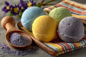 Aromatic colorful bath bombs, ready for a relaxing spa experience at home