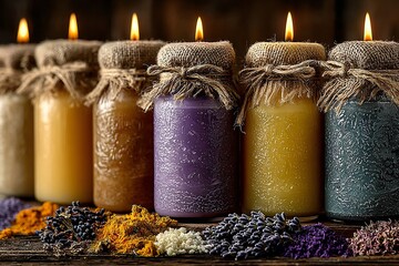 A collection of rustic candles in jars with lavender and spices creates a cozy and warm atmosphere.