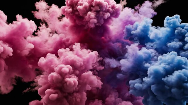 Explosi&oacute;n de humo rosa y azul desde el centro, llenando un fondo negro abstracto con humo, efectos visuales, gr&aacute;ficos en movimiento.