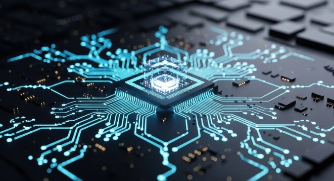 High-tech microprocessor with glowing circuits on a black keyboard representing modern computing technology