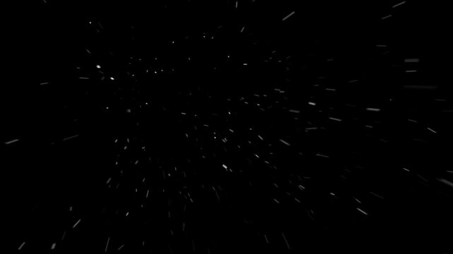 Dynamic POV shot moving through fast, dense snow flurry or starfield on black background. For action or space travel scenes